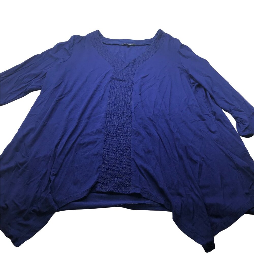 Adrianna Papell Women's 2X Embroidery Front 3/4 Sleeve Hi Lo Tunic Top Blue